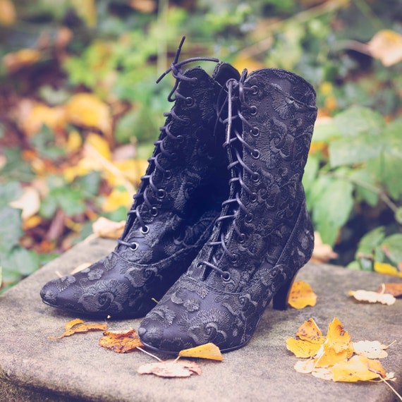 Black Lace up Gothic Boots Black Lace Vintage Boots 