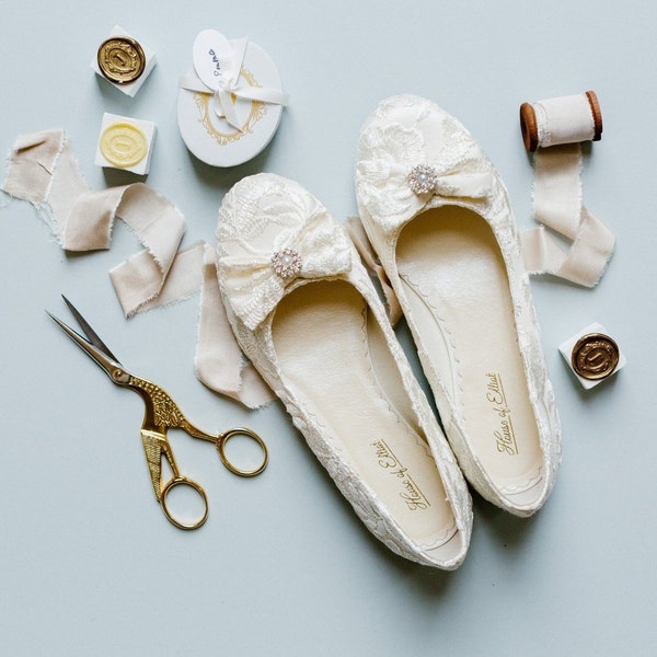 Flat Lace Slip On Wedding Shoes - Bridal Ballet Flats - Satin Bridal Shoes - Ivory Flat Shoes for Bride - House of Elliot 'Evie Elliot'