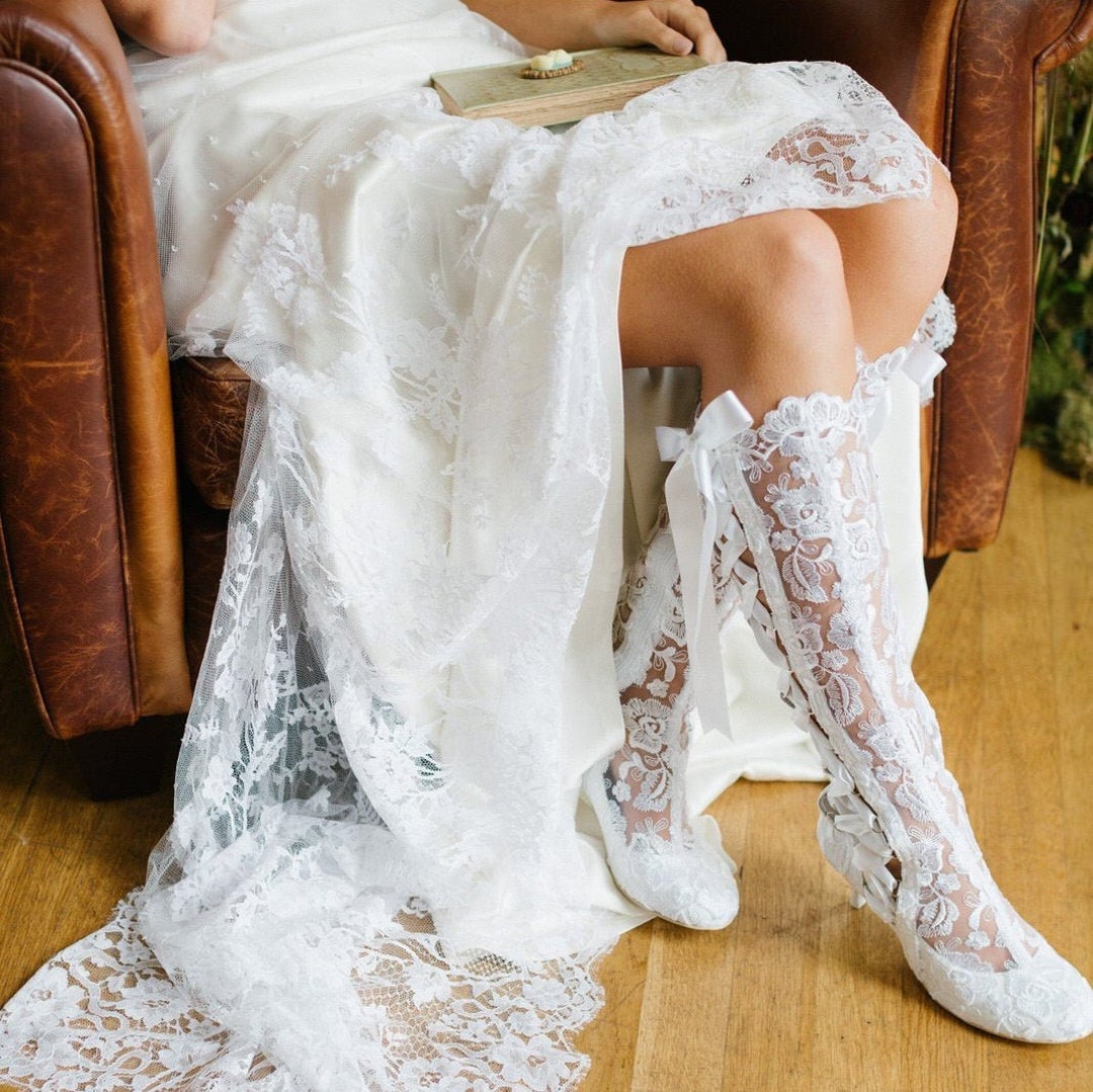 White Lace Wedding Knee High Boots Vintage Lace Bridal Boots Low