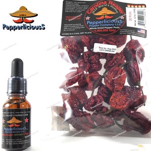 20 Dried CAROLINA REAPER Pepper Pods & 1/2 ounce Bottle Infused Carolina Reaper Chili OIL