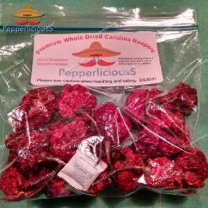 20 Dried Gourmet CAROLINA REAPER Pepper PODS - Worlds Hottest Chili -  with Seeds