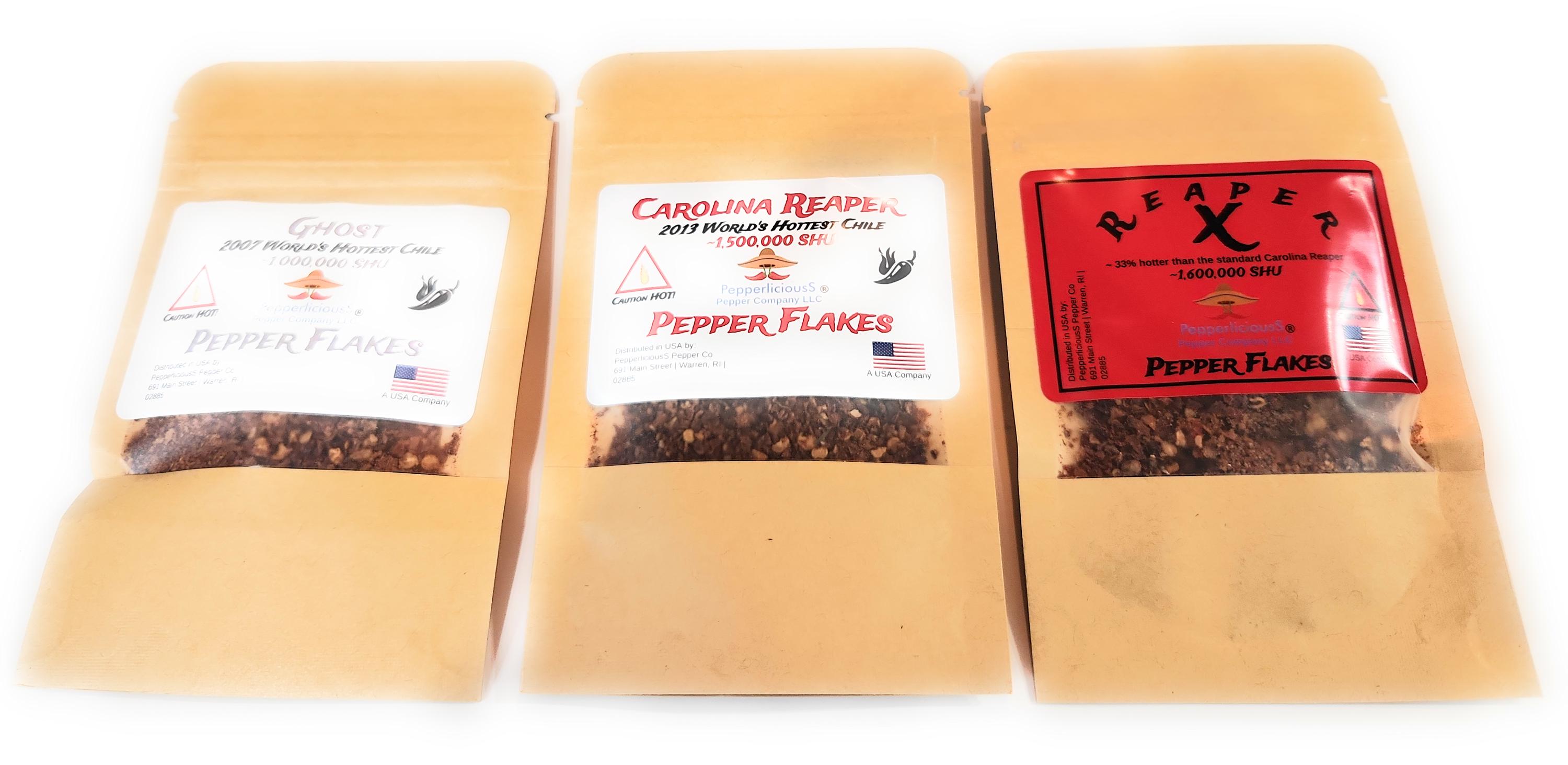 3/4oz FLAKE Variety Pack of Ghost / Carolina Reaper / Reaper X - Three of the GUINNESS Worlds Hottest Chile Peppers - Super Hot Quality