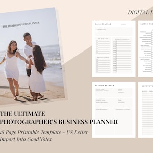 Puede incluir: Un planificador con espiral titulado "THE PHOTOGRAPHER'S PLANNER" con una foto familiar en la portada. El planificador incluye plantillas imprimibles para la planificación diaria, el flujo de trabajo del cliente y la planificación de sesiones. El texto "DESCARGA DIGITAL" está en la parte superior.