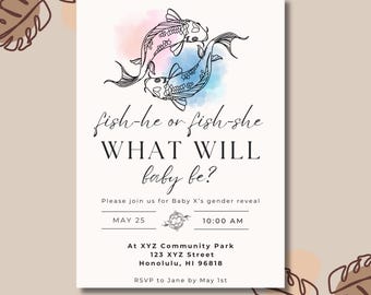Fish-he oder Fish-she Gender Reveal Einladungsvorlage, Fisch Thema Gender Reveal Einladen Vorlage, Canva Vorlage für Fish Gender Reveal