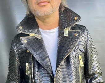 Man’s KING Snakeskin Biker Jacket, Black python leather jacket for men, Natural snakeskin bomber, Leather Moto jacket for man