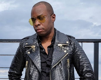 Man's Snakeskin Biker Jacket, Black King Python Leather Jacket, Man's Leather Moto Jacket, Custom Biker Jacket