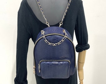 Snakeskin Backpack | Blue Python Leather Backpack | Glossy Finish Snakeskin Backpack Crossbody Bag