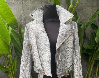 Women's Snakeskin Jacket, Python Leather Jacket, Biker Style Leather Jacket, Women’s Moto Jacket