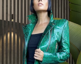 Green Snakeskin Jacket, Women’s Python Leather Jacket , Glossy Snakeskin Jacket, Ladies Biker Jacket