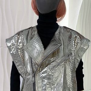 Silver Oversize Snakeskin Vest, Golden  Python Biker Vest, Woman's Silver Leather Vest