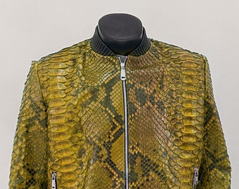 Chaqueta bomber de piel de serpiente KING para hombre, chaqueta amarilla personalizada para hombre, chaqueta de piel de pitón dragón, chaqueta bomber de piel amarilla