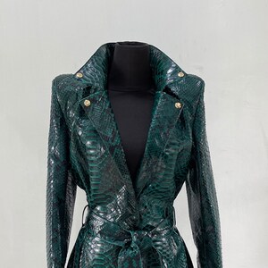 May include: A green snakeskin trench coat with a belt and gold buttons.