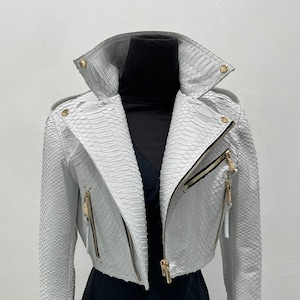 Woman&#39;s Snakeskin White Jacket |  Python Leather Biker Jacket | Motorcycle Leather Jacket | White Leather Jacket