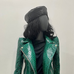 Green Snakeskin Jacket | Women’s Python Leather | Emerald Leather Jacket | Biker Jacket | Women&#39;s Moto Jacket