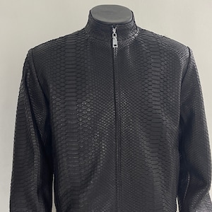 パイソンレザーメンズジャケット、ブラックスネークスキンジャケット、パイソンレザーボンバー