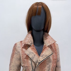 スネークスキンカスタムジャケット、ブロンズパイソンバイカージャケット、レディースゴールデンレザージャケット