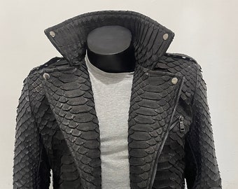 Men's Dragon Snakeskin jacket, Black Python Leather Jacket For Man, Snakeskin Bomber, Leather Moto Jacket, Leather Biker Jacket For Men