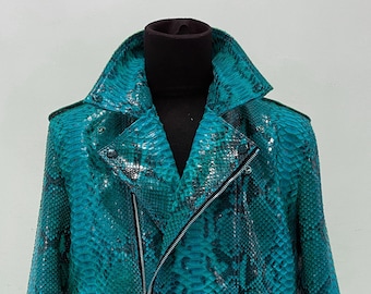 Custom Man’s Snakeskin Biker Jacket, Motor Python Leather Jacket, Blue Leather Jacket For Men