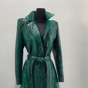 May include: A long green snakeskin trench coat with a belt. The coat has a collar and long sleeves.