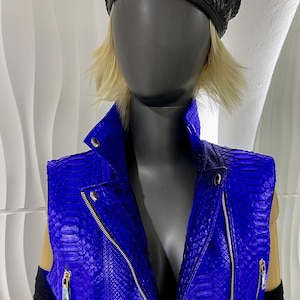 Snakeskin Custom Vest,  Blue Python Biker Vest, Woman&#39;s Blue Leather Vest