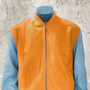 Custom Snakeskin Man’s Jacket Bomber, Python Leather Bomber Jacket, Leather Jacket For Man