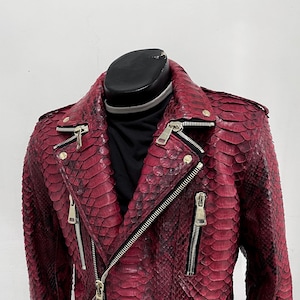 Man’s Red King Python Leather Jacket, Snakeskin Biker Jacket, Custom Biker King Python Leather Jacket