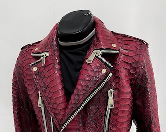 Man’s Red King Python Leather Jacket, Snakeskin Biker Jacket, Custom Biker King Python Leather Jacket