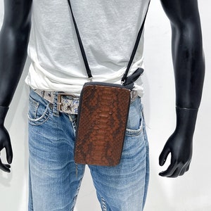 Cartera de piel de pitón, cartera de piel de serpiente marrón, funda de viaje de piel, funda de piel marrón para móvil, bolsos tipo bandolera