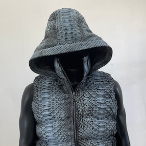 King Python Leather Vest, Dragon Python Vest, Man’s Snakeskin Vest, Leather Vest For man, Leather Hood Vest