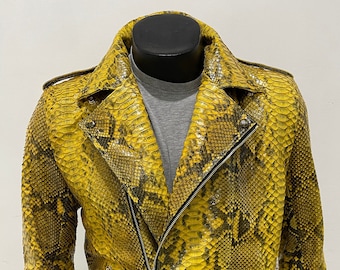Custom Man’s  Snakeskin Biker Jacket, Motor Python Leather Jacket, Yellow Leather Jacket For Man