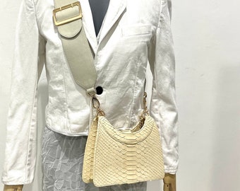 Sac à main en cuir python pour femme, sac bandoulière en peau de serpent, sac à main en python, sac en cuir blanc, sac en cuir de taille moyenne