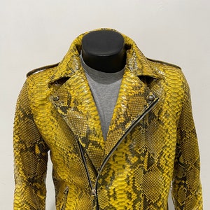 Custom Man’s  Snakeskin Biker Jacket, Motor Python Leather Jacket, Yellow Leather Jacket For Man