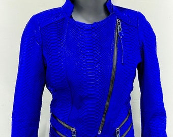 Python Leather Custom Jacket, Blue Python  Jacket, Woman's Blue Leather Jacket