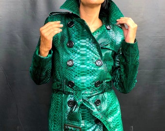 Emerald Snakeskin Women’s Coat, Green Leather Trench Coat, Long Python Leather Coat, Emerald Leather Trench