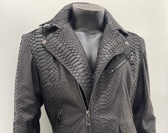 Man&#39;s Snakeskin Jacket, Python Leather Jacket, Black Leather  Biker Jacket, Man&#39;s Moto Jacket, Custom Biker Jacket