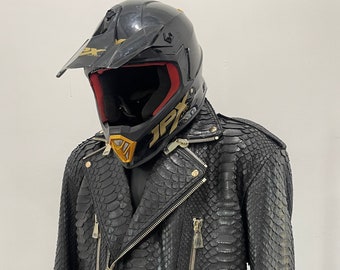 Man's Snakeskin Biker Jacket, Black King Python Leather Jacket For Men, Dragon Python Leather Glossy Jacket, Custom Biker Jacket