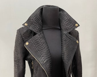 Woman's Snakeskin Jacket, Black Python Leather Biker Jacket, Motorcycle Leather Jacket, Genuine Python Leather Blazer