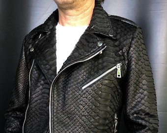 Man’s Dragon Snakeskin Jacket , Black Python Leather Biker Jacket, Genuine Snakeskin Man’s Jacket