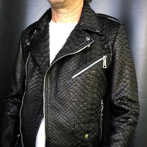 Man’s Dragon Snakeskin Jacket , Black Python Leather Biker Jacket, Genuine Snakeskin Man’s Jacket