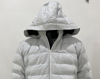 Python Leather Duck Down Jacket, Snakeskin Puffer Jacket, Winter Leather Hoodie Puffer Jacket