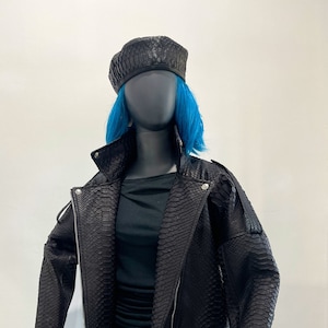 女性用スネークスキンジャケット、ブラックパイソンレザーバイカージャケット、モーターサイクルレザージャケット、本パイソンレザーブレザー