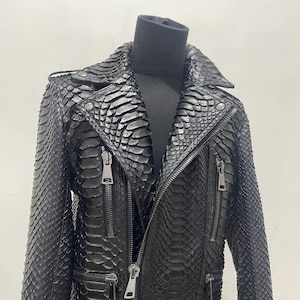 Black King Python Leather Biker Jacket, Handmade Moto Jacket