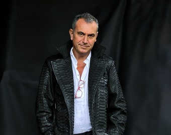 Chaqueta de motociclista de piel de pitón KING para hombre, chaqueta de piel de serpiente negra para hombre