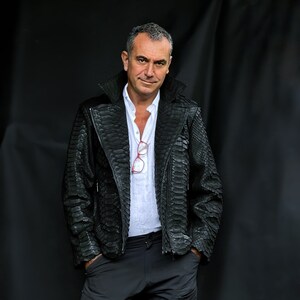 Man&#39;s KING Python Leather Biker Jacket, Black Snakeskin Jacket For Men