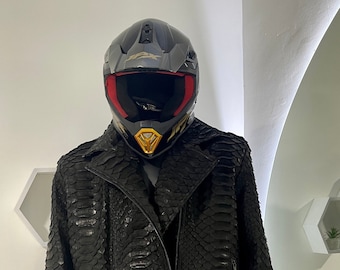 Man’s KING Python Leather Biker Jacket,  Black Dragon Snakeskin Jacket, Real Snakeskin Motorcycle Jacket