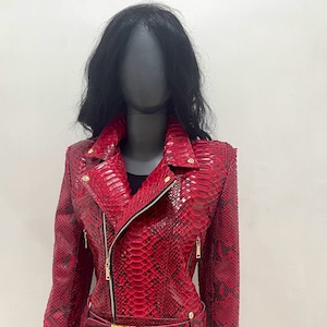 Women's Snakeskin Jacket, Python Leather Biker Jacket, Red Leather Jacket