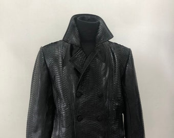 Python Leather Man’s Blazer, Black Snakeskin Jacket, Black Leather Blazer Coat