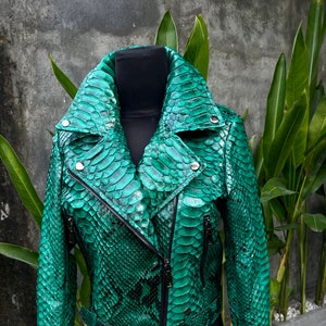 Green Snakeskin Jacket, Womens Python Leather,Biker Snakeskin Jacket, Emerald Leather Jacket image 1