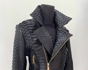 キングパイソンレザージャケット、レディーススネークスキンジャケット、ドラゴンパイソンジャケット、パイソンレザージャケット、光沢仕上げジャケット