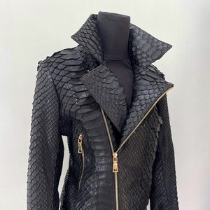 May include: Black leather jacket with a snakeskin pattern and gold zipper accents.